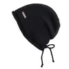 Gorro casual com barra dobrada e cordão para mulheres, outono e inverno, chapéu de tricô que afina o rosto, gorro liso de cor sólida para proteção das orelhas em clima frio