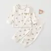 Roupas de Bebê Outono Classe A Algodão Puro Roupa de Casa Conjunto de Proteção para Barriga de Bebê de Cintura Alta Camada Base para Bebês e Crianças Pequenas Blusa de Outono Calça de Outono