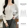 Camisa base de rayas abotonada de Lyocell K2981 para mujer, top de camiseta abotonado versátil de punto, ajuste slim, otoño e invierno
