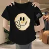 Estilo Coreano Verão 2024 Estampa de Rosto Sorridente Manga Curta Solta Cropped Camiseta Versátil Emagrecedora Estilo Preguiçoso Redutor de Idade Top Tendência