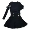 Vestido de punto negro con cuello estilo coreano para mujer, colección de otoño, talla petite, entallado a la cintura, adelgazante, elegante, falda plisada