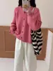 Cardigã de botões com borda enrolada, estilo coreano, simples e retrô, para mulheres, solto e casual, jaqueta de tricô versátil com manga raglan para outono e inverno