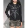 Sudadera con capucha Y2K de manga larga, cierre de cremallera, estampado de pedrería, corte ajustado, chaqueta estilo punk callejero oscuro