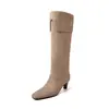 Botas de Gamuza Hasta la Rodilla para Mujer, Botas de Tacón Alto de Doble Uso, Nuevas Botas Ajustadas de Estilo Coreano para Otoño e Invierno, Punta Cuadrada, sin Cierre, Hasta la Rodilla para Mujer