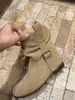 Botas Apiladas Arrugadas Vintage de Piel de Vaca para Mujer Punta Redonda Suela Plana Botas Vaqueras Occidentales para Mujer Hebilla de Cinturón Botas Martin Botines