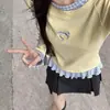 Camiseta de Manga Larga a Cuadros Falsa de Dos Piezas Amarilla para Mujer, Nuevo Estilo Otoño e Invierno, Camiseta Base de Capa Interior con Encaje, Top Dulce y Picante Chic