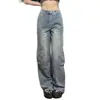 150 Jeans Rasgados Curtos Estilo Americano High Street Multi-Bolsos Garça Feminino Verão Cintura Alta Reta Casual Perna Larga