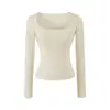 Estilo Coreano Bolsillos Sentido del Diseño Cuello en U Grande Puro Deseo Camiseta de Manga Larga para Mujer Otoño Nueva Llegada Corte Ajustado Corta Capa Base Top de Chica Atrevida