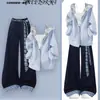 Conjunto informal de dos piezas para niñas: chaqueta con capucha fina de estilo coreano, holgada, y pantalones de pierna ancha.