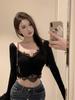 Estilo francês Pure Sexy Lace Deep V Camiseta de manga comprida feminina no início do outono Novo estilo Doce e quente curto cortado pequeno top