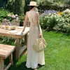 Vestido sin mangas de encaje francés patchwork calado, estilo idéntico al de la bloguera, Vestido largo elegante de lino que ajusta la cintura, Color sólido como en la foto