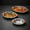 Tazón ovalado de acero inoxidable con doble asa y mango de madera, para restaurante comercial y hotel, ensaladera, tazón para pasta, tazón para frutas, vajilla al por mayor