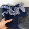 Acessórios Populares Estilo Japonês com Borda Franzida Meias Longas Tubulares Azul Marinho de Meio Tubo com Laço de Renda Meias Xadrez Doces para Mulheres