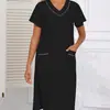 Bata Europea y Americana Transfronteriza para Mujer Verano Delgado Algodón Puro Manga Corta Holgada Cuello en V Ropa de Casa Falda de Pijama de Verano