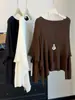 Top de punto estilo chal con borde irregular inclinado, falso dos piezas, para mujer, nueva colección otoño 2026, corte holgado, manga larga, favorecedor de la figura