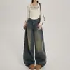 Calça Jeans Wide Leg de Cintura Alta para Mulheres, Nova Coleção Primavera e Outono, Estilo Americano Retro Vintage, Caimento Solto que Emagrece, Perna Reta, Comprimento até o Chão