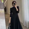 Vestido negro de manga larga para mujer 2023 Primavera y Otoño Nuevo estilo coreano adelgazante de cintura Red Social falda de gran vuelo