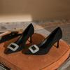 8801-8A Alta qualidade camurça pontiaguda-dedo elegante estilete salto alto sapatos femininos fivela quadrada sapatos de trabalho pretos todos os pares sapatos de camada única