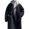 Casaco de Lã Preto de Comprimento Médio Acima do Joelho para Homens no Inverno Estilo Coreano High-End Solto Falso Duas Peças Tamanho Grande Jaqueta Corta-Vento