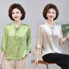 Día de la Madre Mamá Verano Vintage Estilo Chino Top Manga Corta Blusa de Gasa Moda Camiseta Bordada para Mujeres de Mediana Edad y Mayores Verano