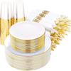 Juego de 175 piezas de platos de plástico duro con borde dorado blanco, platos desechables dorados para la cena, cubiertos, cucharas, anillos de papel, juego de copas de vino doradas
