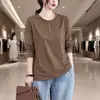 Camiseta de Manga Larga con Botones de Color Sólido Talla Plus para Mujer, Estilo Coreano, Nueva Otoño, Corte Holgado, Adelgazante, Top Camiseta Base que Cubre el Vientre