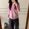 Camiseta de manga larga 100% algodón puro, color rosa dulce y fresco para mujer, perfecta como capa base para otoño e invierno, top casual y versátil de cuello redondo