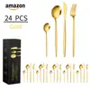 Juego de cubiertos de acero inoxidable transfronterizo, tenedor y cuchara, juego de cuchillos, tenedores y cucharas para bistec de Amazon, cubiertos para comida occidental, juego de 24 piezas
