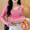 Blusas Quentes para Mulheres no Outono e Inverno, Renda Aveludada e Espessa com Decote V Roupas de Outono, Camisetas Básicas Justas, Tops para Usar por Cima