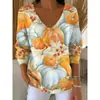 Estación Independiente Transfronteriza Europea y Americana Nueva Camiseta de Moda para Mujer Estampado 3D Color Degradado Cuello en V Manga Larga Top Verano Europeo y Americano