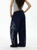 Pantalones Deportivos de Chándal con Bordado de Letras Retro Americano para Mujer Otoño Invierno Marca de Moda Azul Oscuro Cintura Elástica Casual Sueltos Pierna Recta
