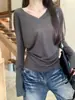 Tiro Real de Camiseta de Manga Larga Versátil de Cuello en V Ajustada Estilo Coreano de Primavera Lyocell Tencel Camisa Base Top 96752