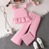 2026 Conjunto Transfronteiriço para Meninas, Top Rosa com Mangas Bufantes, Barra de Renda, Calça Longa Levemente Flare, Conjunto de Duas Peças Infantil