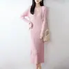 Novo Vestido de Malha Elegante com Gola V 100% Lã Outono/Inverno para Mulheres, Slim Fit, Vestido Longo Acima do Joelho, Pulôver com Mangas Longas