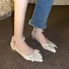 Nuevos Zapatos de Tacón Alto de Princesa con Lazo de Pedrería, Satén, Tacón Grueso Francés y Cadena de Perlas para Mujer, Primavera y Verano 2024