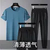 24 Verano Nuevo Traje de Tres Piezas para Hombre Cuello Redondo Secado Rápido Casual Deportivo Fitness Transpirable Manga Corta + Shorts + Pantalones