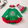 Venta directa de fábrica vestido navideño para niña pequeña enterizo de malla con lentejuelas de manga larga para bebé con diadema y calentadores de piernas conjunto