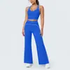 Conjunto deportivo de yoga para mujer, top sin mangas de color block con cuello en U de tela cepillada estilo europeo y americano, pantalones de yoga ajustados, pantalones de pierna ancha acampanados de cintura alta