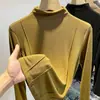 Camiseta Feminina Manga Longa de Veludo com Gola Semi-alta 2024 Outono e Inverno Nova Chic Camisa Base Interna Top Roupa Feminina