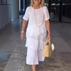 Vestido longo casual de algodão e linho liso de manga curta com gola redonda e saia plissada, novo para primavera e verão 2024, transfronteiriço Europa e Estados Unidos, feminino