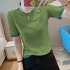 Camiseta de manga corta de algodón flameado de estilo coreano de verano de talla grande para mujer, bordada, holgada, con contraste de color y combinable, popular este año