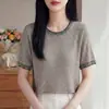 Top Feminino Azul com Gola Redonda, Manga Curta Iridescente, 2026 Nova Moda, Elegante, Soltinho, Versátil, Tricô, Camiseta, Verão