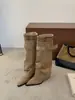 Uso bidirecional Salto Anabela Bico Fino Estilo Francês Retrô Salto Alto Emagrecimento Botas Longas Botas de Cano Alto Outono e Inverno Femininas Botas para Calça Longa Botas Longas