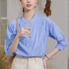Camisa Casual Elegante de Lujo Ligero Azul Cielo y Nube Blanca para Mujer, Manga Tres Cuartos Simple, Adelgazante y Elegante, Colección Primavera/Verano 2025
