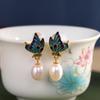 Brincos Guofeng de Prata Moda S925 Prata Queimada Borboleta Azul Pérola de Água Doce Brincos Elegantes Simples Femininos