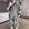 Conjunto de Camiseta de Verano Redonda para Hombre 2025, Moda con Agujeros Manga Corta, Pantalones Cortos Holgados, Conjunto Casual de Dos Piezas
