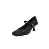 Zapatos Mary Jane de Tacón Alto de Piel de Oveja de Primera Capa Estilo Francés Atmosféricos 2025 Otoño Tacón Delgado Punta Cuadrada Piel Genuina de una Sola Correa para Mujer