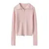 Cárdigan de cachemir para mujer, 100% cachemir de cabra puro, cuello de solapa, doble cremallera, color liso, de punto acanalado, suelto