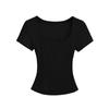 Estilo Europeu e Americano Verão Spice Girls Estilo Puro Desejo Gola Quadrada Manga Curta Algodão com Fio Elástico Justa Camiseta Slim Look Top Curto Versátil