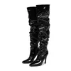 Botas largas hasta la rodilla apiladas plisadas de charol brillante transfronterizas para mujer, punta fina, tacón de aguja, cierre lateral, botas largas europeas y americanas, botas para mujer